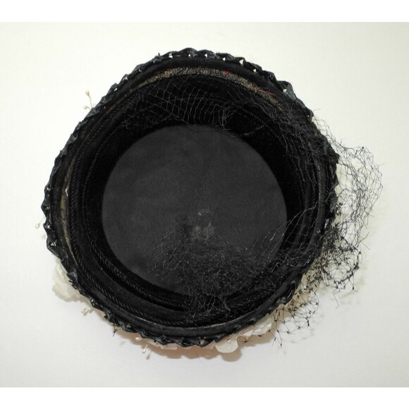 Vintage Ladies Pillbox Hat Feathers Flowers Netting - Black Red Ivory - Picture 6 of 7